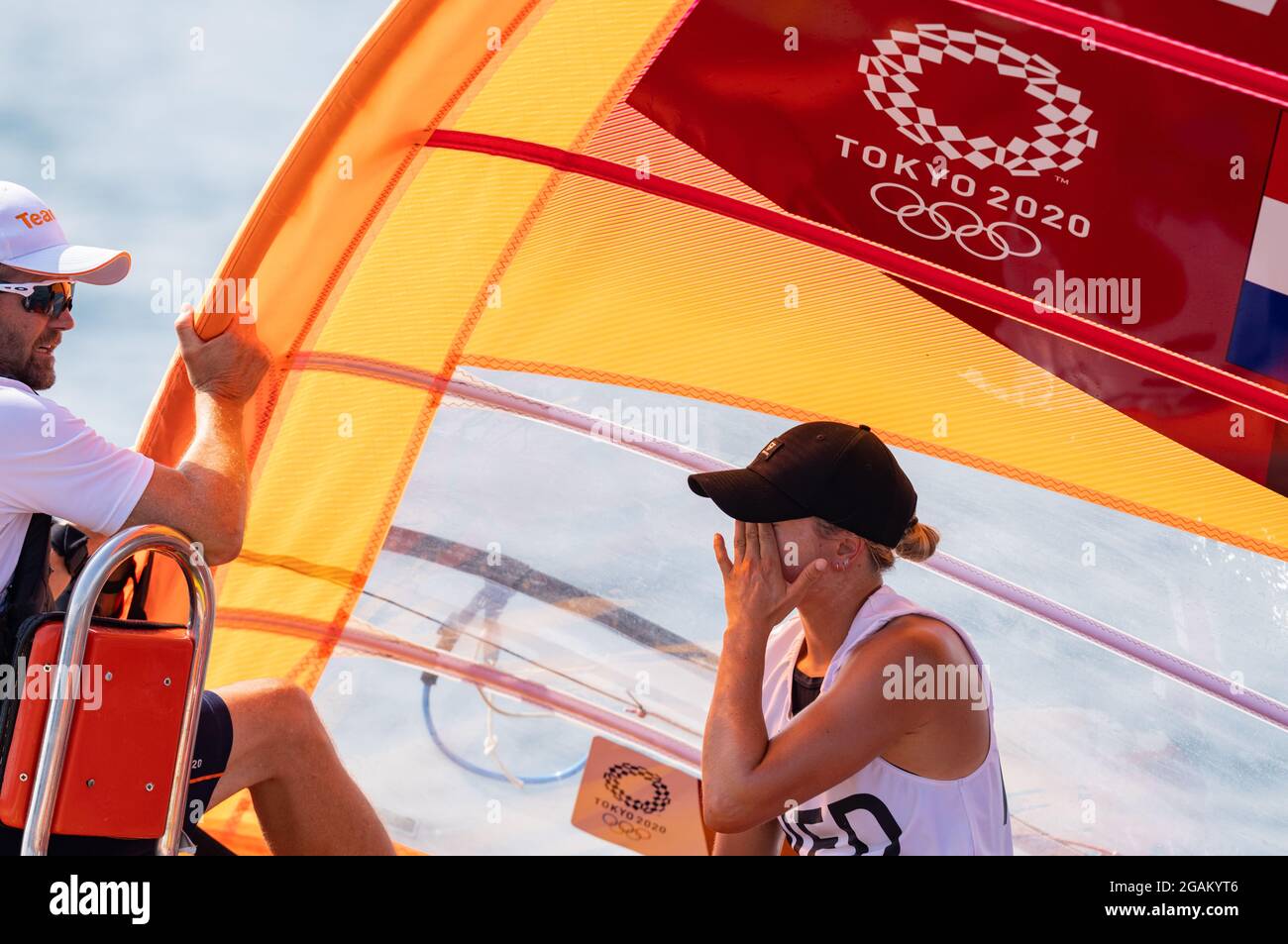 TOKYO, JAPAN - JULY 31: Lillian de Geus of the Netherlands competing on Women's Windsufer - RS:X  during the Tokyo 2020 Olympic Games at the Sagami on July 31, 2021 in Tokyo, Japan (Photo by Ronald Hoogendoorn/Orange Pictures) NOCNSF Stock Photo