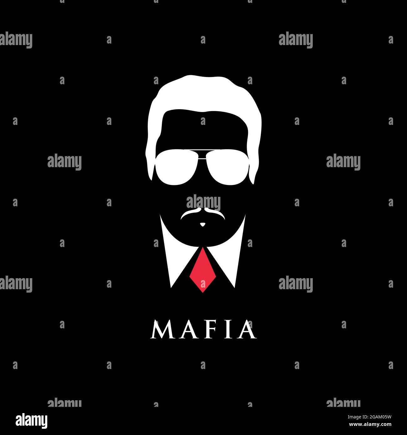 Italian Mafioso portrait. Man with mustache and sunglasses. Black and white vector illustration. Stock Vector