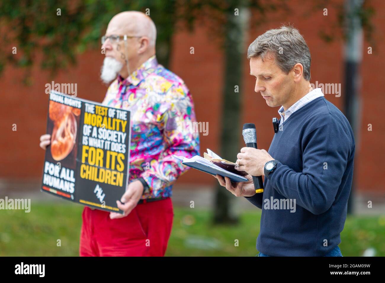 Belfast, UK. 31st July, 2021. 31/07/2021 Christian Anti-Abortion Protesters gathered at Writers Square as a Rally against Pro Abortion supporters who were there. Credit: Bonzo/Alamy Live News Stock Photo