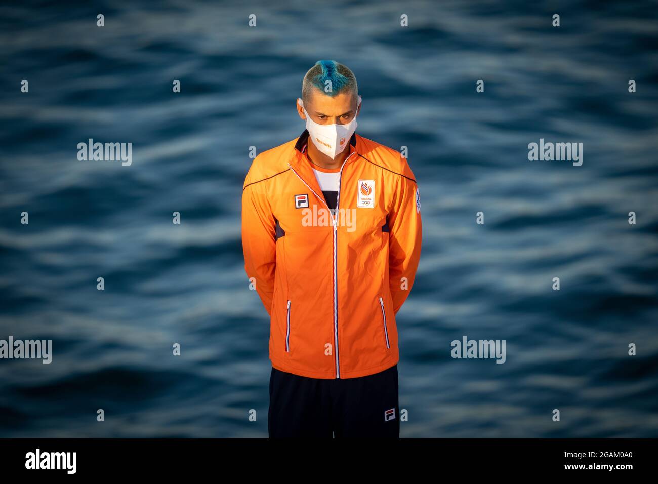 TOKYO, JAPAN - JULY 31: Kiran Badloe of the Netherlands winner of the gold medal during the Medal Ceremony of Sailing during the Tokyo 2020 Olympic Games at the Enoshima on July 31, 2021 in Tokyo, Japan (Photo by Ronald Hoogendoorn/Orange Pictures) NOCNSF Stock Photo