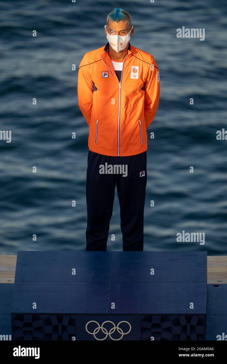 TOKYO, JAPAN - JULY 31: Kiran Badloe of the Netherlands winner of the gold medal during the Medal Ceremony of Sailing during the Tokyo 2020 Olympic Games at the Enoshima on July 31, 2021 in Tokyo, Japan (Photo by Ronald Hoogendoorn/Orange Pictures) NOCNSF Stock Photo