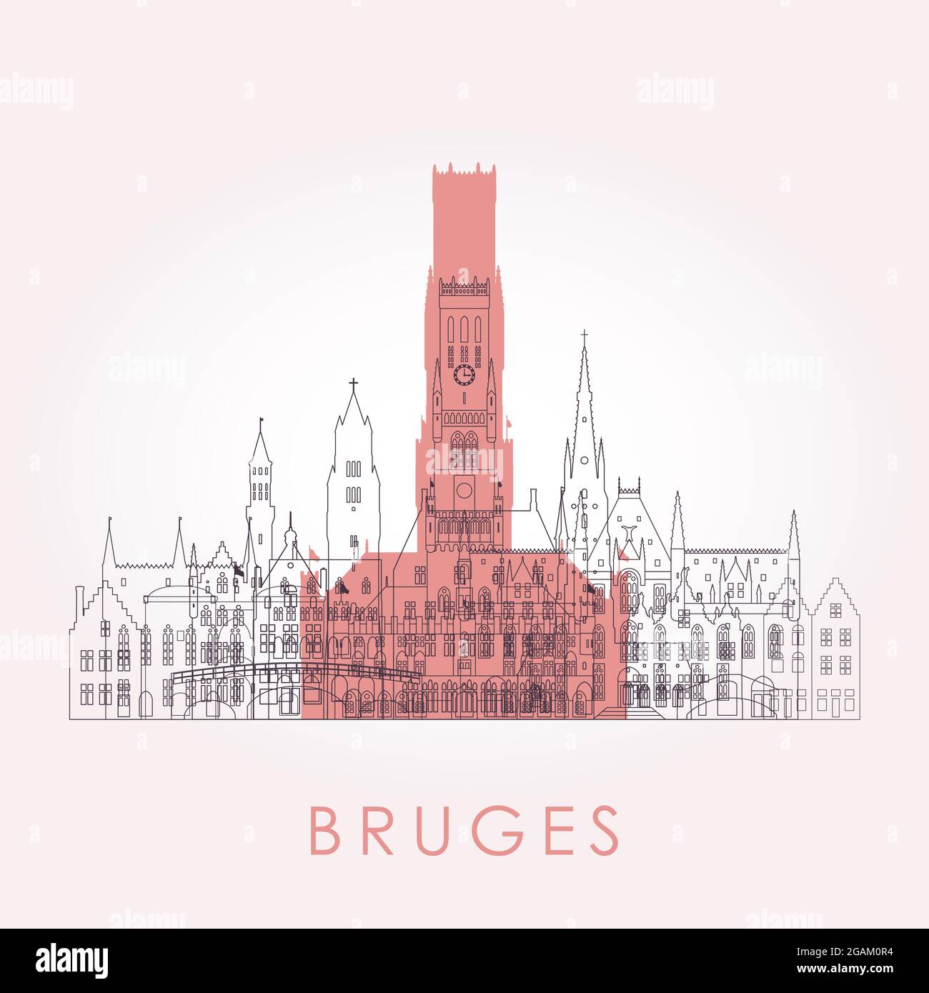 Outline Bruges skyline with landmarks. Vector illustration. Business travel and tourism concept with historic buildings. Image for presentation, banne Stock Vector