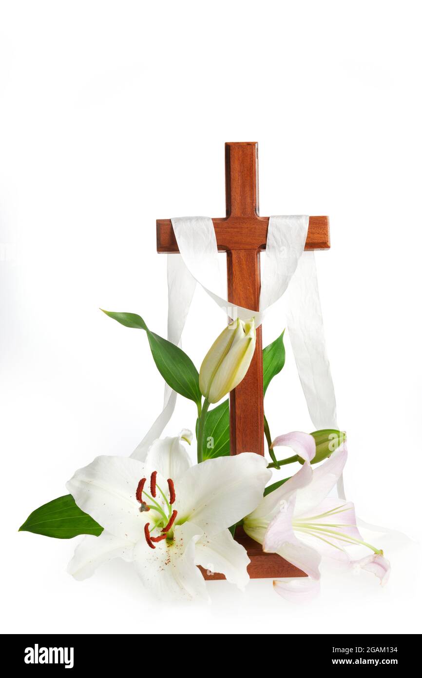 Cross with lilies isolated on white background. Spring background ...