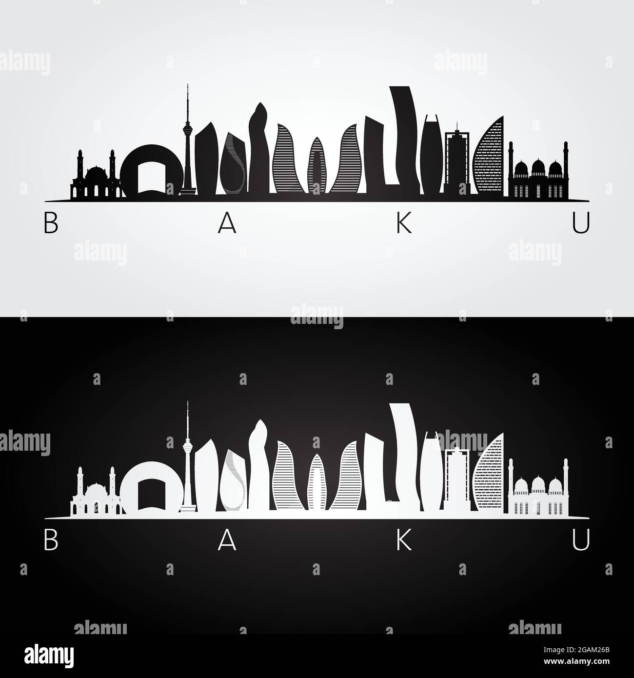 Baku skyline and landmarks silhouette, black and white design, vector illustration. Stock Vector