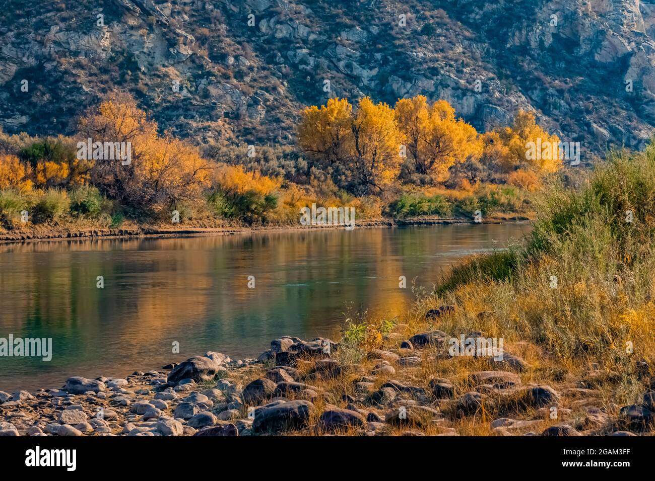 Green River at head of Split Mountain Canyon viewed from Rainbow Park in Dinosaur National Monument, Utah, USA Stock Photo