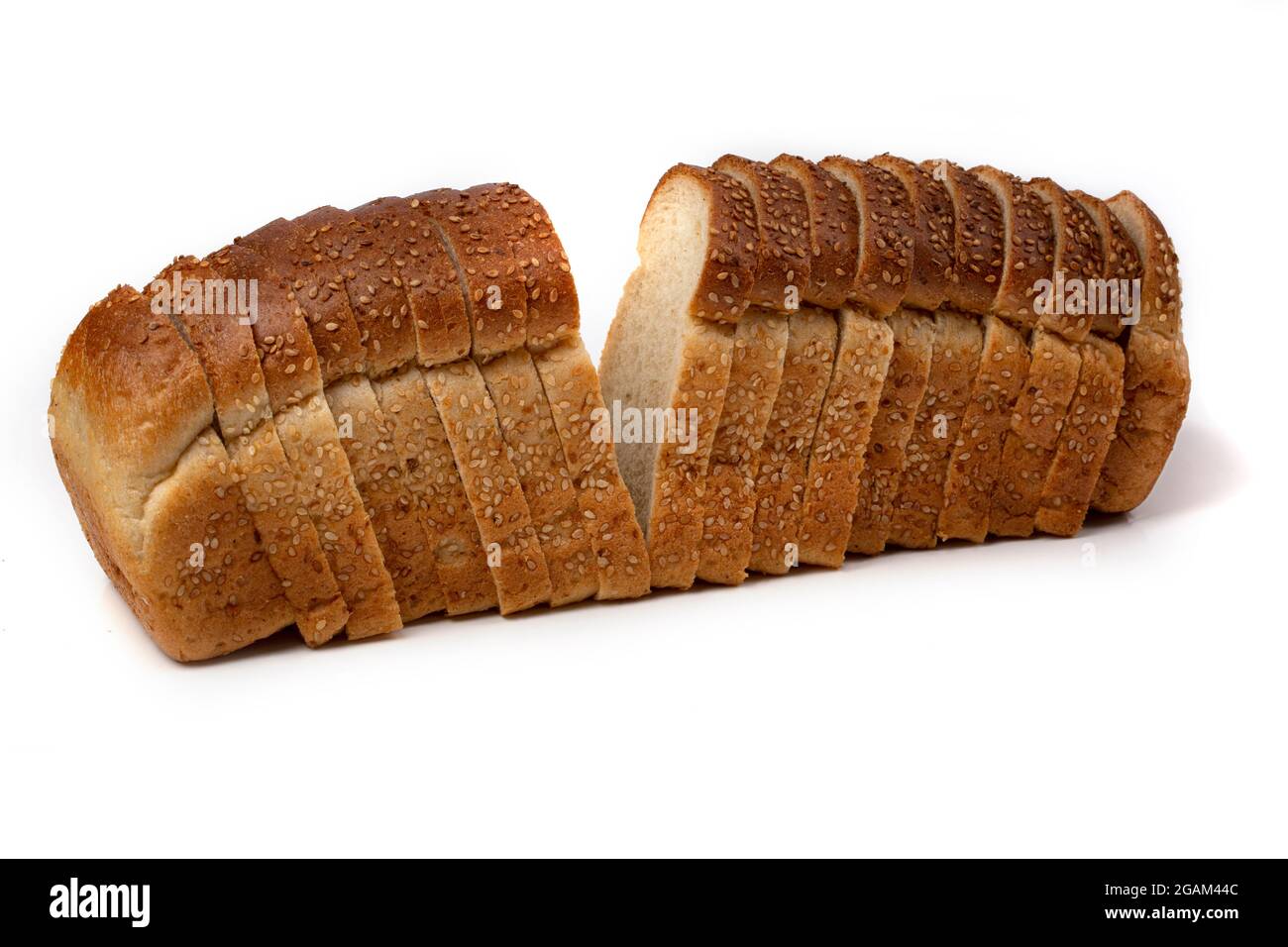 Slices of white bread or a loaf with sesame seeds isolated on a white ...