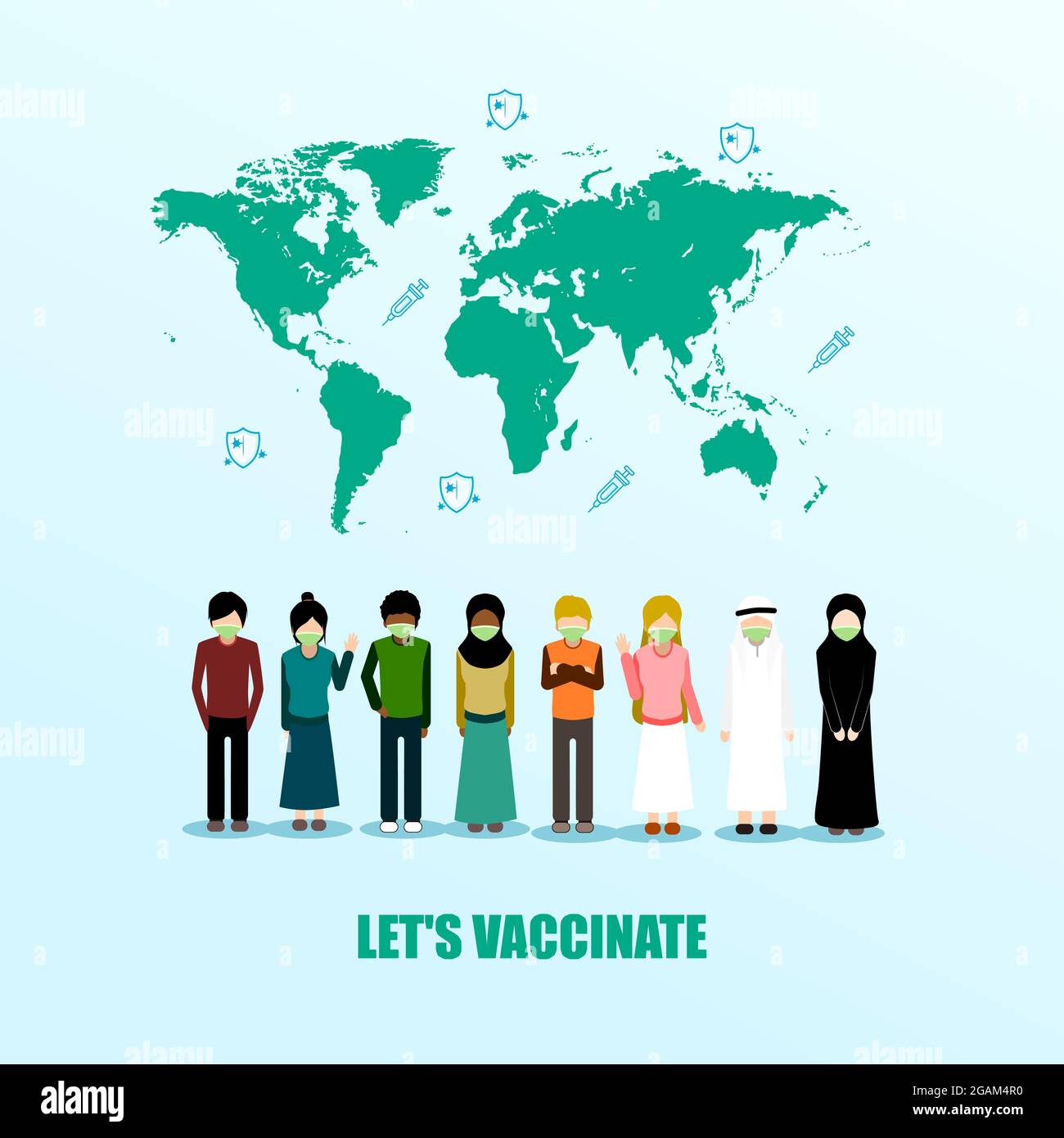 vaccination in the world with various ethnicities flat vector illustration, additional image include layer by layer and group object Stock Vector