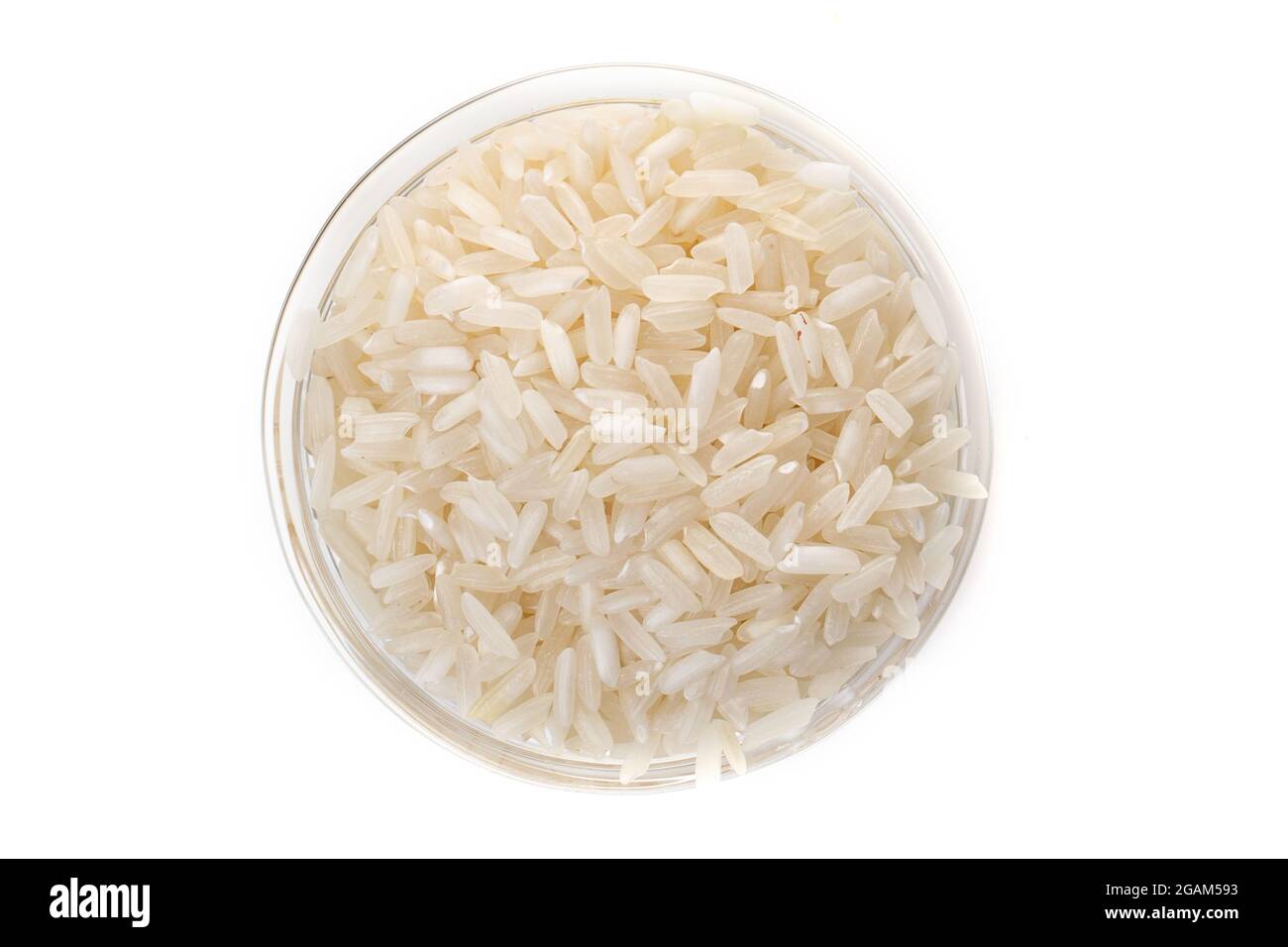 Raw white rice in a clear glass plate on a white background Stock Photo ...