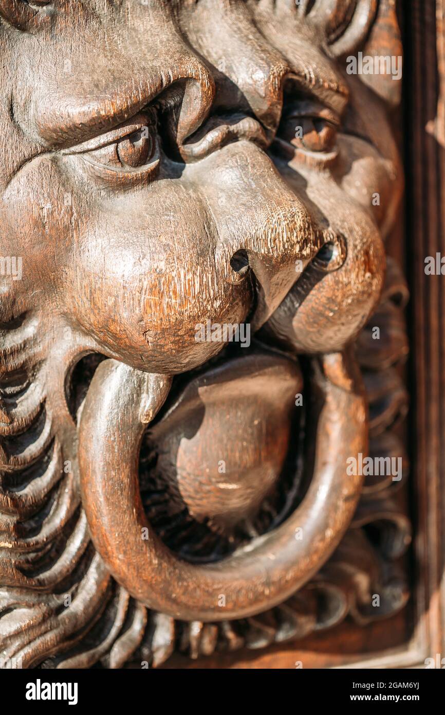 Lion head wood carving on wooden door Stock Photo Alamy