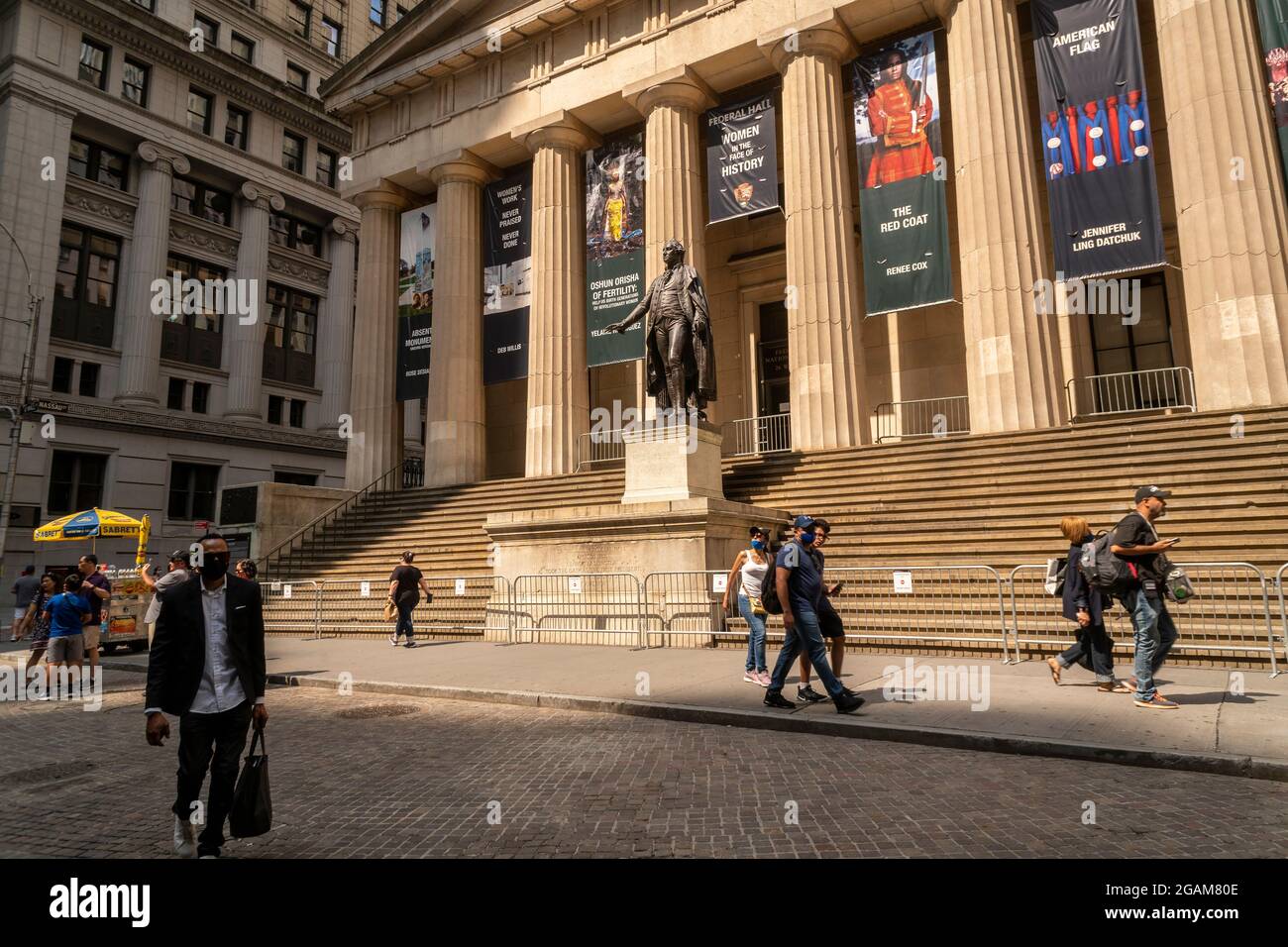Federal Hall National Memorial in Lower Manhattan in New York on Thursday, July 22, 2021. Because of “multiple failed stone conditions” Federal Hall is slated to be covered in scaffolding with the popular steps being closed. (© Richard B. Levine) Stock Photo