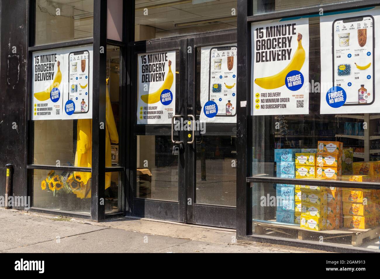 A distribution store for grocery delivery service Fridge No More in the Chelsea neighborhood of New York on Wednesday, July 28, 2021. Gorillas, 1520, Jokr and Fridge No More are competing for the instant delivery space in New York. (© Richard B. Levine) Stock Photo