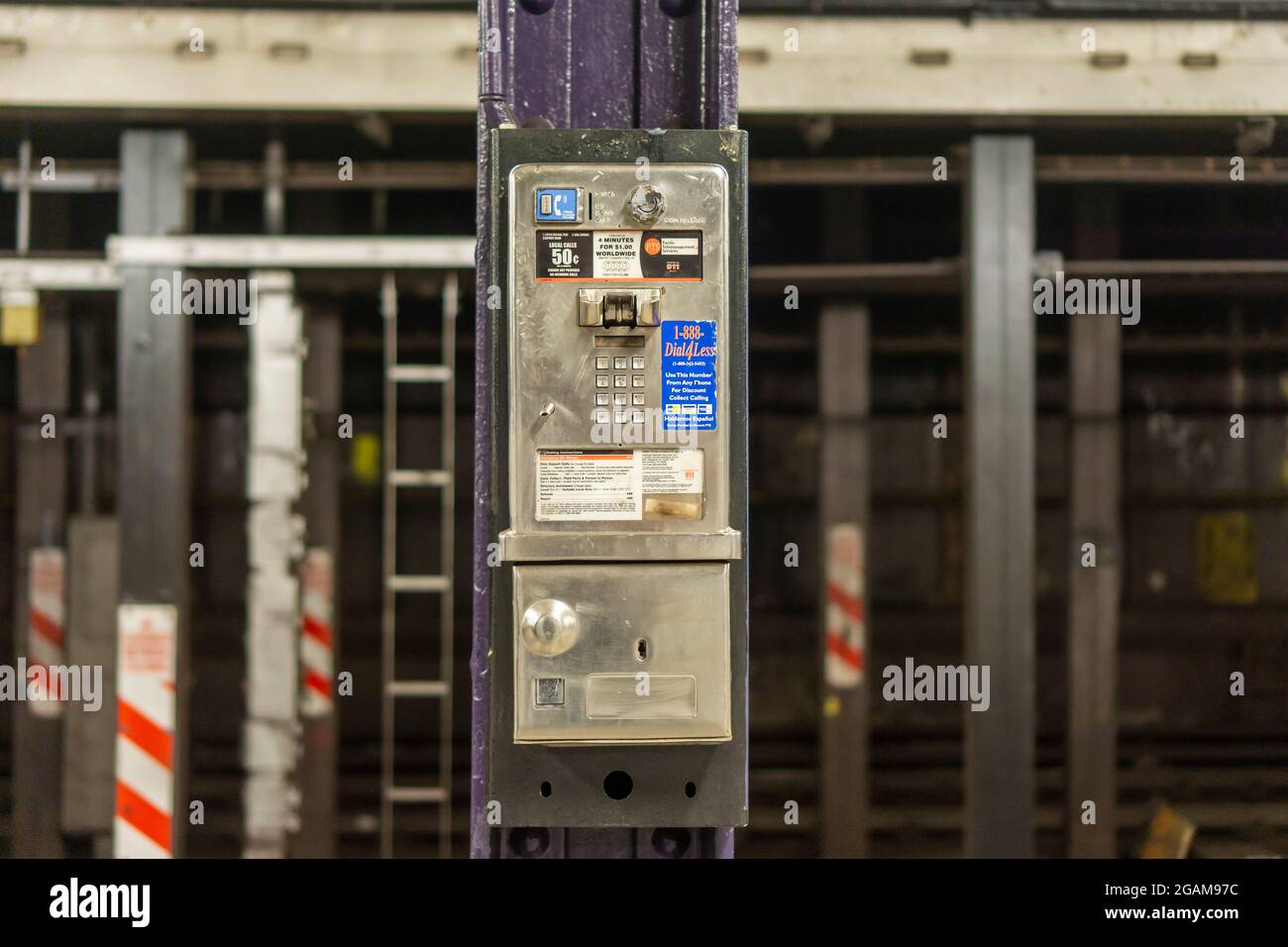 The mortal remains of a payphone in the Chamber Street station in the New York subway on Thursday, July 29, 2021. (© Richard B. Levine) Stock Photo