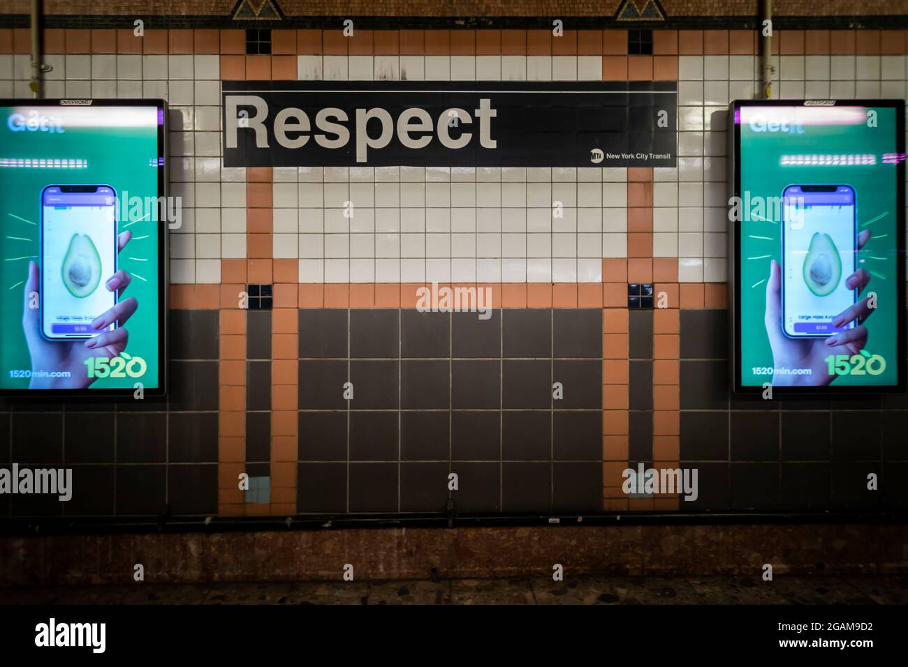 A sign ÒRespectÓ is mounted in the Franklin Street subway station in New York as an homage by the MTA to Aretha Franklin, seen on Friday, July 23, 2021. A film entitled ÒRespectÓ, starring Jennifer Hudson, a biographical musical of Aretha Franklin is scheduled to be released on August 13, 2021.(© Richard B. Levine) Stock Photo