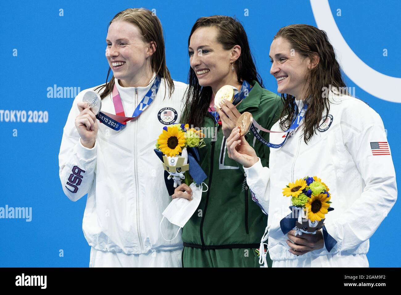 Lilly King of United States, silver, Tatjana Schoenmaker of Republic of South Africa, gold, and Annie Lazor of United States, bronze during the Olympic Games Tokyo 2020, women 200m Breaststroke final on July 30, 2021 at Tokyo Aquatics Centre in Tokyo, Japan - Photo Giorgio Scala / Orange Pictures / DPPI Stock Photo