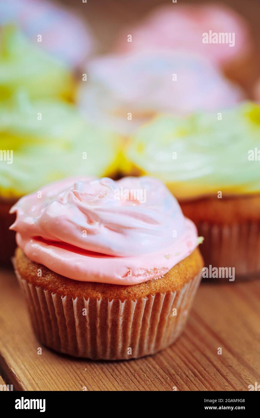 Dessert Sweet Gourmet Cupcakes With Multicolored Frosting Stock Photo
