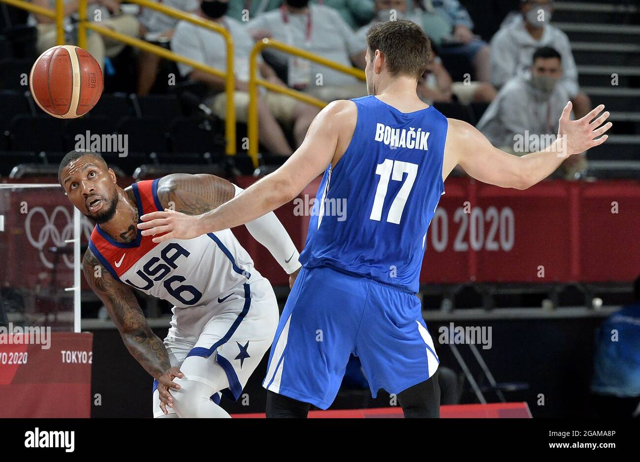Tokyo, Japan. 31st July, 2021. The ball is up for grabs by United States' Damian Lillard (L) and Czechoslovakia's Jaromir Bohacik during a Men's Basketball game at the Tokyo 2020 Olympics, Saturday, July 31, 2021, in Tokyo, Japan. USA won, 119-84. Photo by Mike Theiler/UPI Credit: UPI/Alamy Live News Stock Photo
