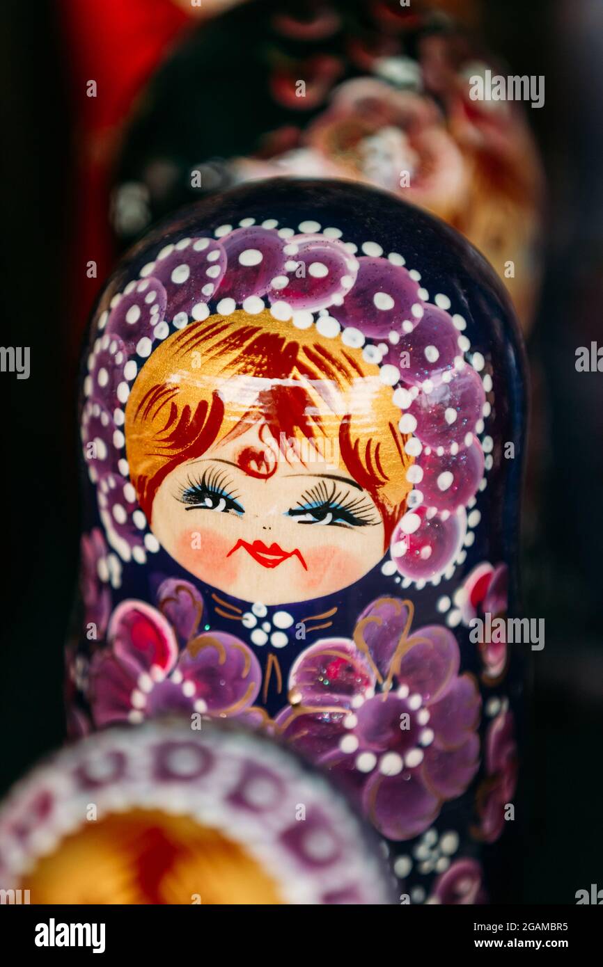 Colorful Russian Nesting Doll Matreshka At Market. Stock Photo