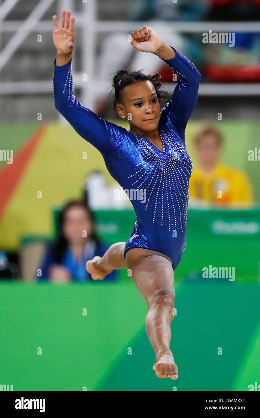 Rebeca Andrade of team Brazil at Rio 2016 Summer Olympic Games artistic gymnastics. Brazilian athlete performs floor exercise at the all-around medal Stock Photo
