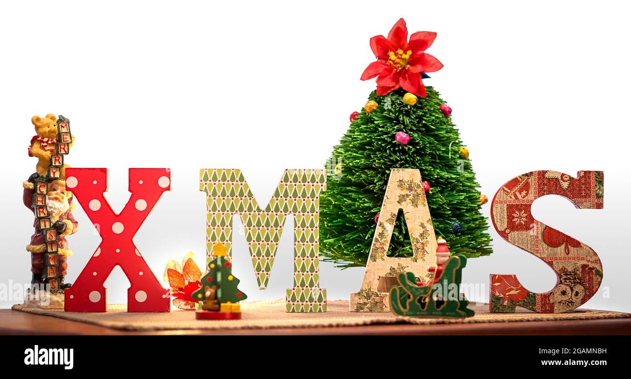 Home scene with XMAS sign and Christmas decorations Stock Photo