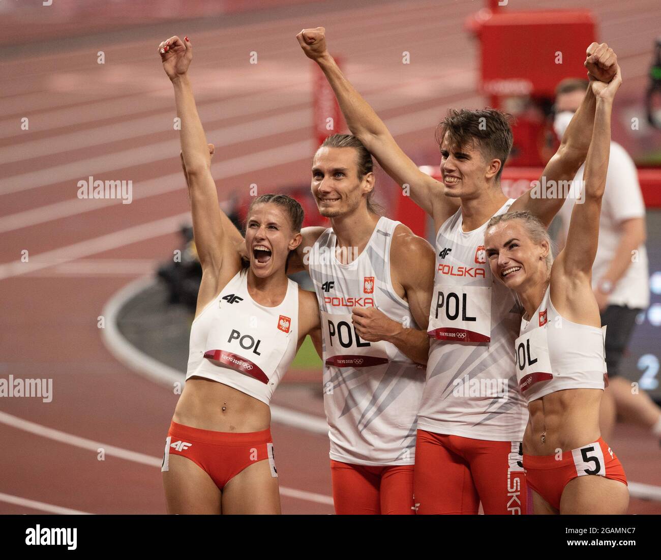 Tokyo Kanto Japan 31st July 2021 Poland Celebrates After Winning The Mixed 4 X 400 Relay And Setting An Olympic Record During The Tokyo 2020 Olympics At The Olympics Stadium On Saturday