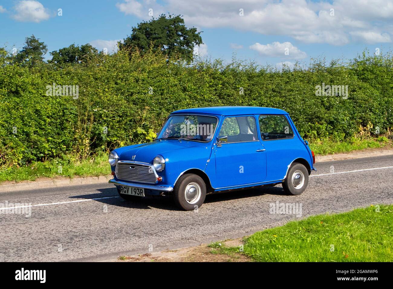A 1976 70s Leyland Cars Mini 850 Blue classic vintage car arriving at the Capesthorne Hall classic car show. Stock Photo