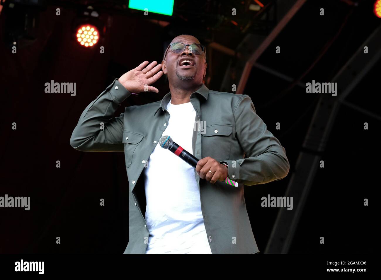 Lulworth, UK. 30th July, 2021. Grammy nominated British Jamaican soul singer Dennis Seaton, lead singer with British pop band Musical Youth performs live on stage during the Camp Bestival festival in Lulworth. Credit: SOPA Images Limited/Alamy Live News Stock Photo