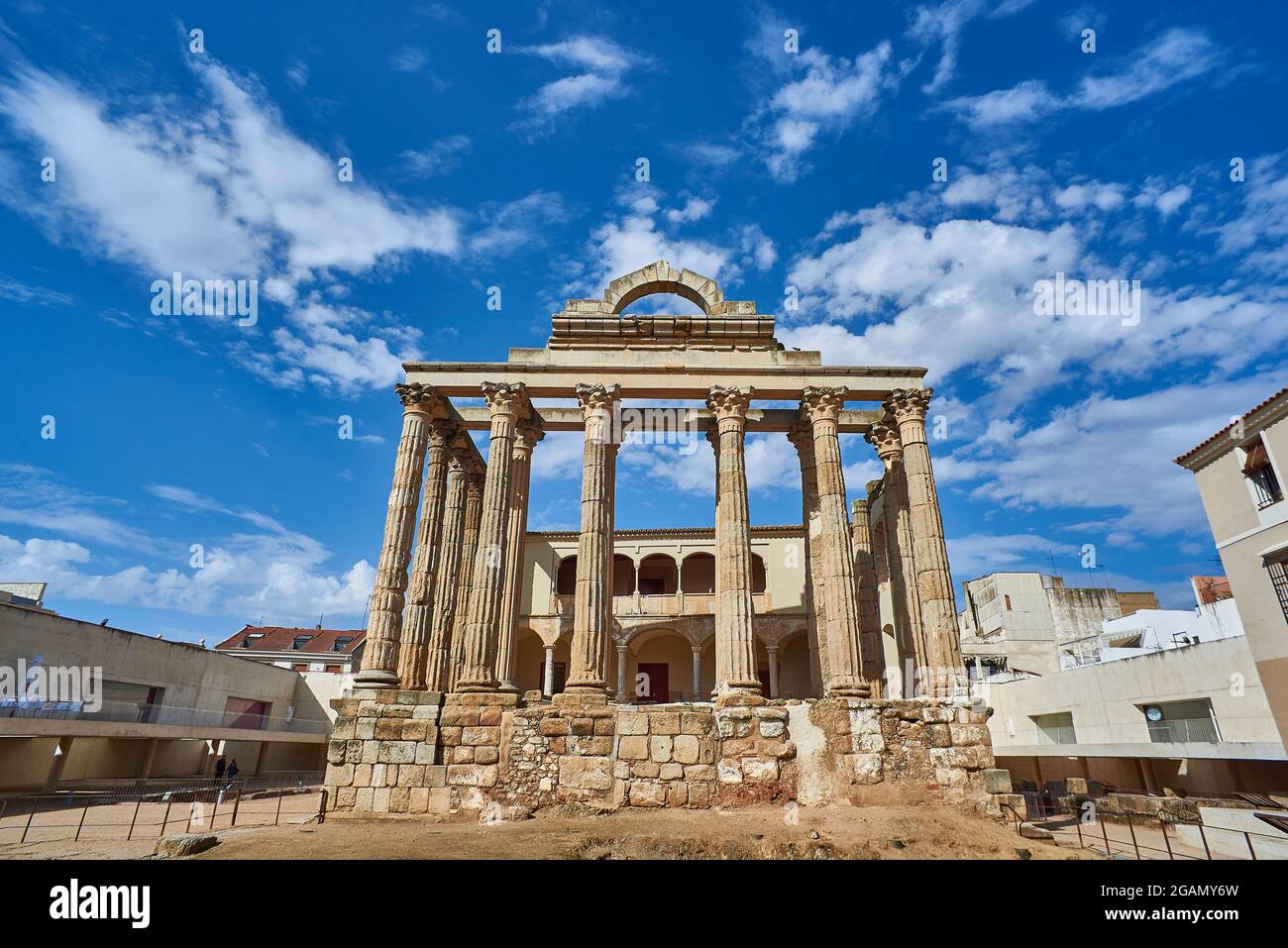 Archaeological remains of the Roman temple of Diana. Downtown of Merida, province of Badajoz, Extremadura, Spain. Stock Photo