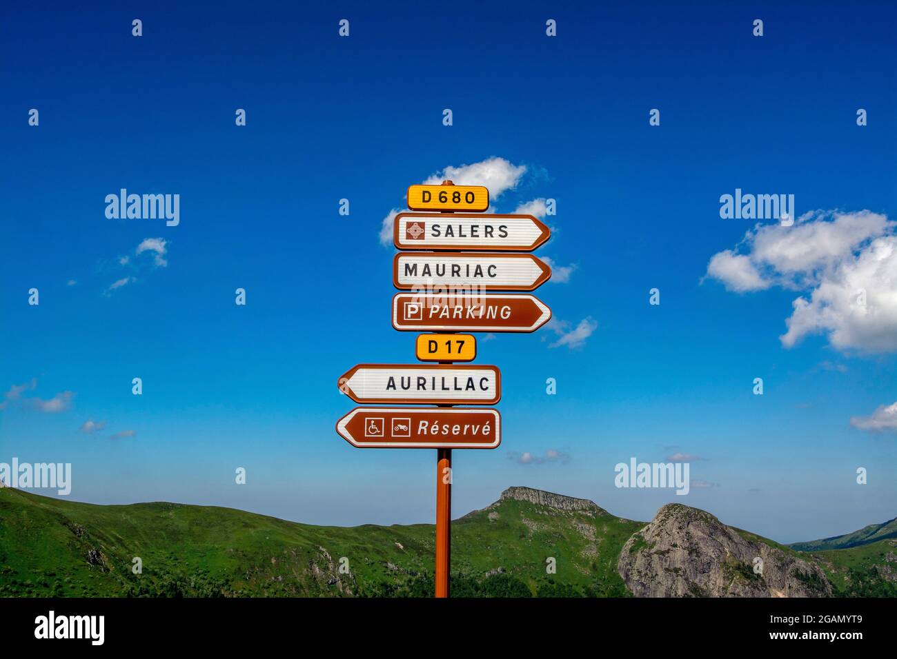 Signposts. Puy Mary, Auvergne Volcanoes Regional Nature Park, Cantal, France, Stock Photo