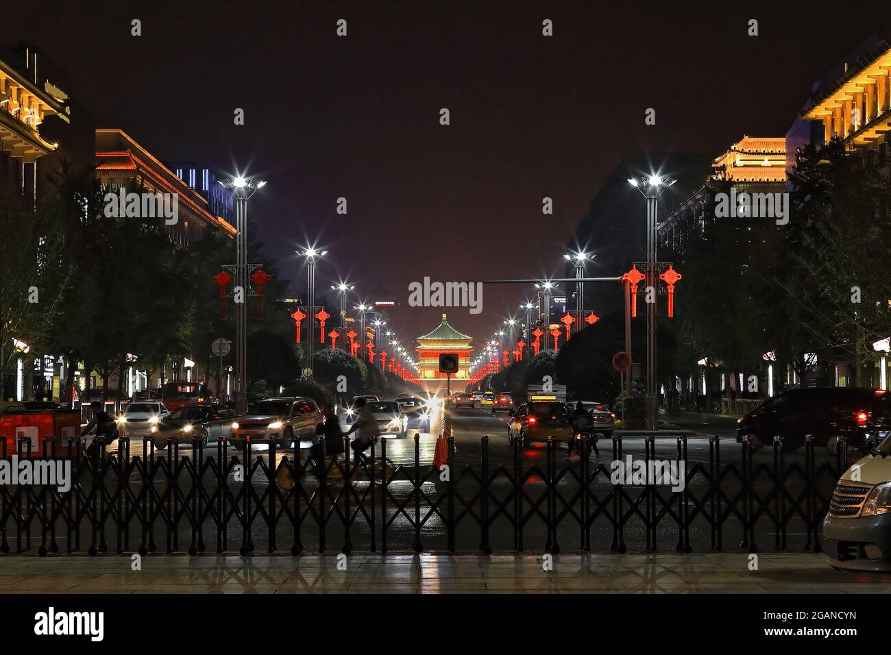 Night view-Bell Tower from Yongning-South Gate along Nandajie-South Avenue. Xi'an-Shaanxi-China-1530 Stock Photo