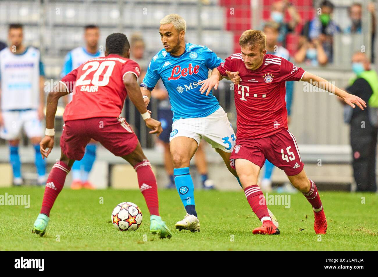 Torben Rhein, FCB 45  compete for the ball, tackling, duel, header, zweikampf, action, fight against Faouzi GHOULAM,SSC 31  in the match FC BAYERN MUENCHEN - SSC NEAPEL 0-3 at the Audi Football Summit on July 31, 2021 in Munich, Germany  Season 2021/2022, matchday X, 1.Bundesliga, FCB, München, Napoli, X.Spieltag. © Peter Schatz / Alamy Live News Stock Photo