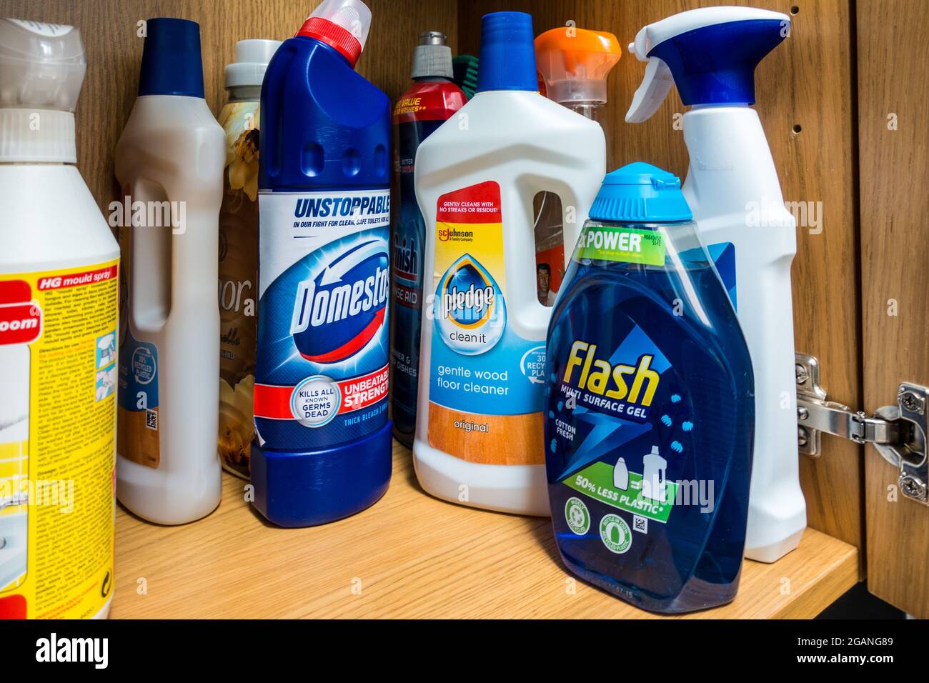 Cleaning liquids in shelf Stock Photo Alamy
