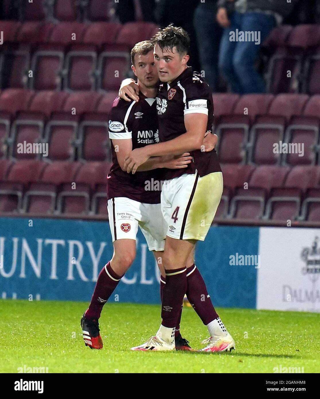 Hearts' John Souttar (right) celebrates scoring their side's second goal of the game with team-mate Andy Halliday during the cinch Premiership match at Tynecastle Park, Edinburgh. Picture date: Saturday July 31, 2021. Stock Photo