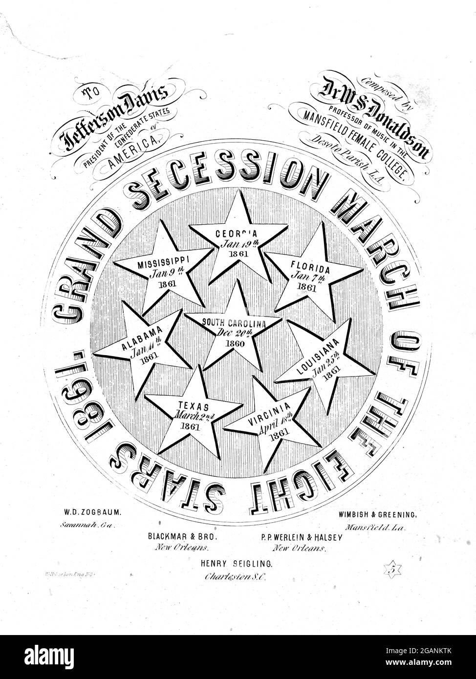 Grand Secession March of the Eight Stars 1861 Confederate sheet music dedicated to President Jefferson Davis & Mansfield Female College, Louisiana. Stock Photo