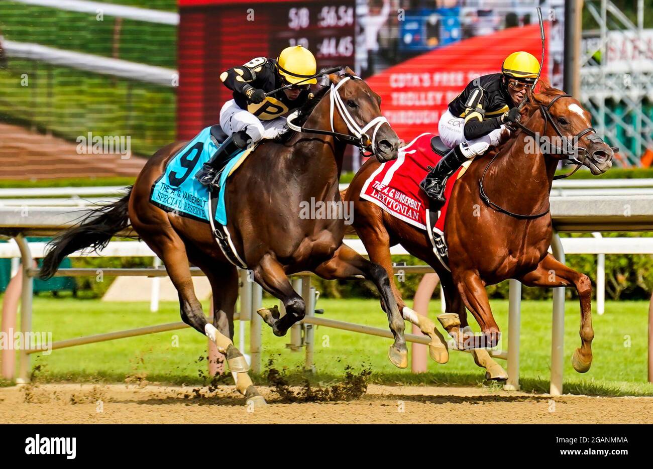 Saratoga Springs, NY, USA. 31st July, 2021. July 31, 2021: Lexitonian #1, ridden by jockey Jose Lezcano battles back against #9 Special Reserve and jockey Joel Rosario to win the Grade 1 Alfred G. Vanderbilt Handicap at Saratoga Race Course in Saratoga Springs, N.Y. on July 31, 2021. Dan HearyEclipse SportswireCSM/Alamy Live News Stock Photo