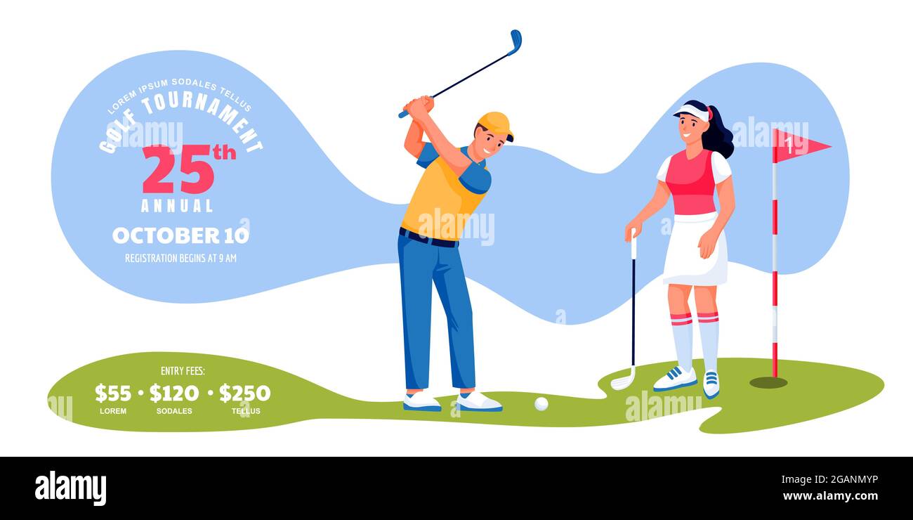 Golf tournament or competition banner flyer, ticket layout. Young male