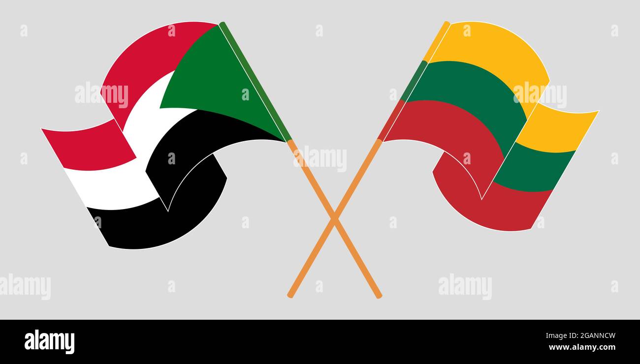 Crossed and waving flags of Sudan and Lithuania. Vector illustration Stock Vector