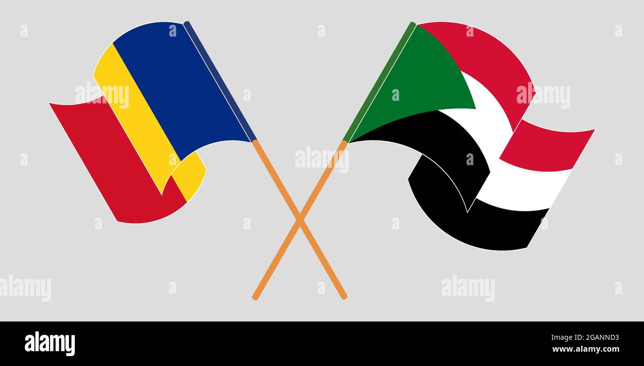 Crossed and waving flags of Sudan and Romania. Vector illustration Stock Vector