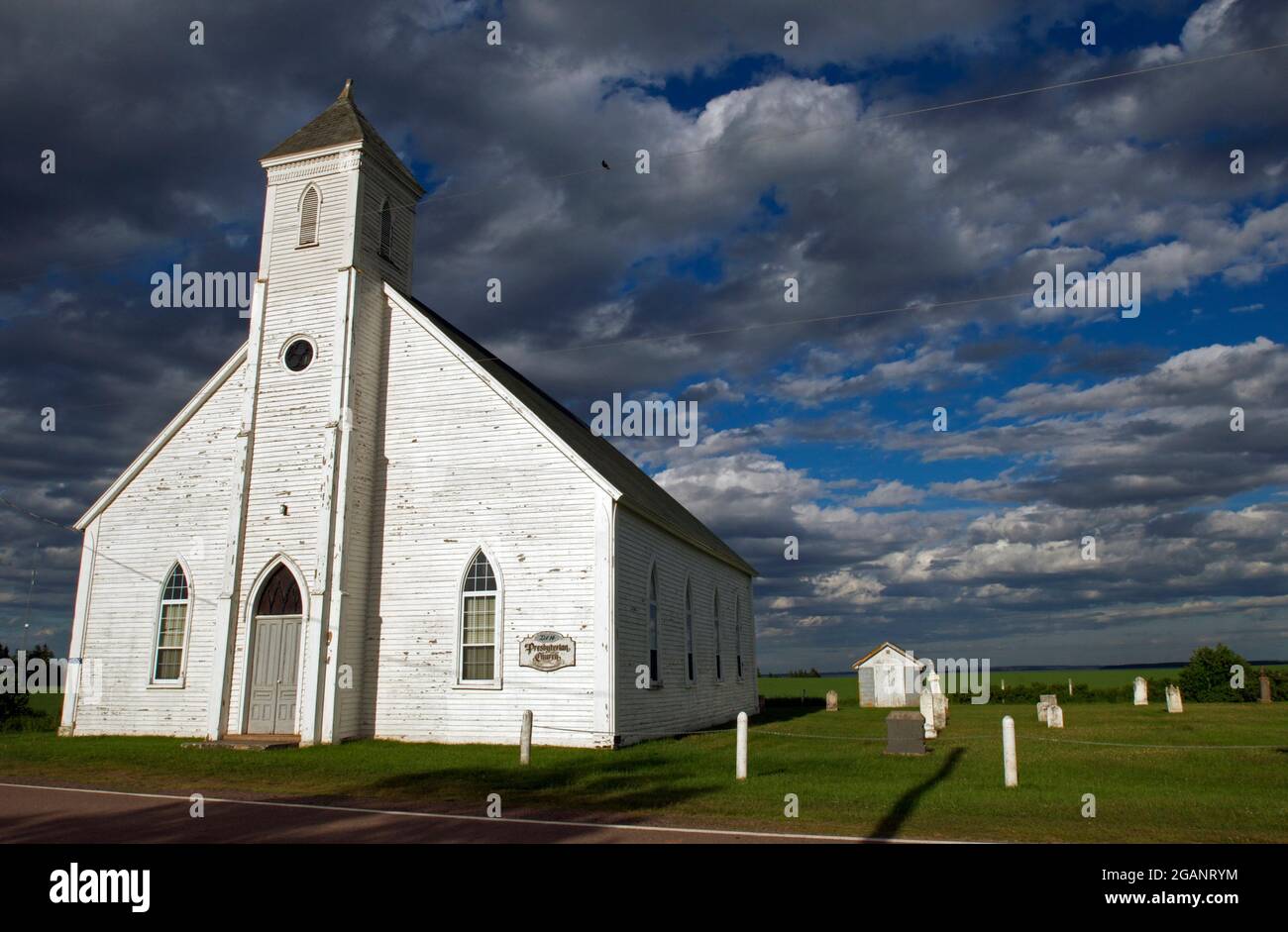 The historic Lot 14 Presbyterian Church and cemetery at Birch Hill, Prince Edward Island. The church dates to the late 1850s. Stock Photo