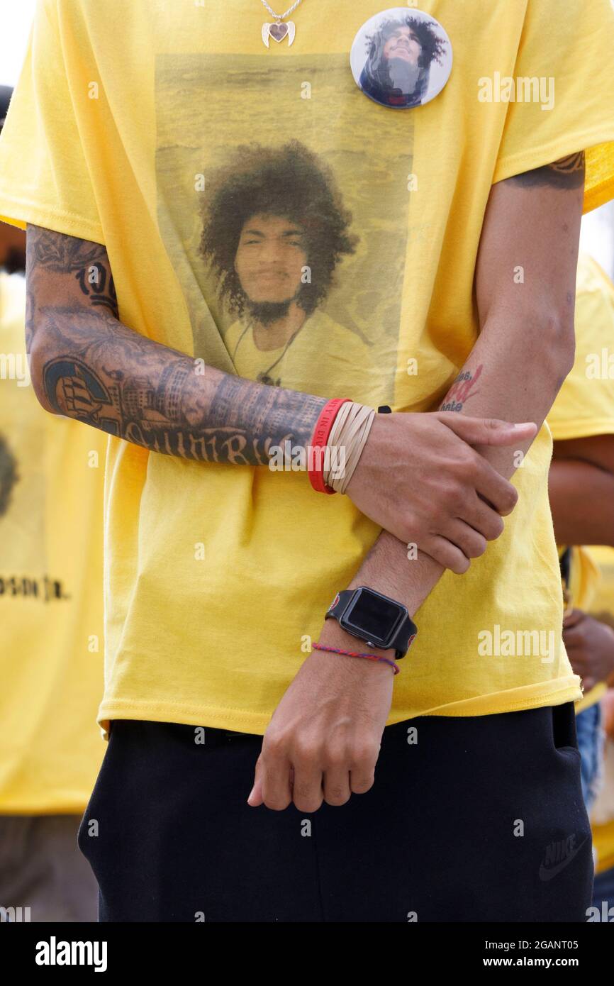 Bredlan Harper Jr., Casey Goodson Jr.'s younger brother, 23 wearing a  t-shirt with image of Casey Goodson Jr. during the march and rally.Friends  and family of Casey Goodson Jr. were joined by