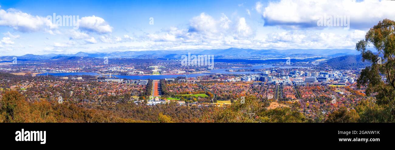 Elevated anorama of Australian Capital territory - Canberra city on shores of Lake Burley Griffin on a sunny day. Stock Photo