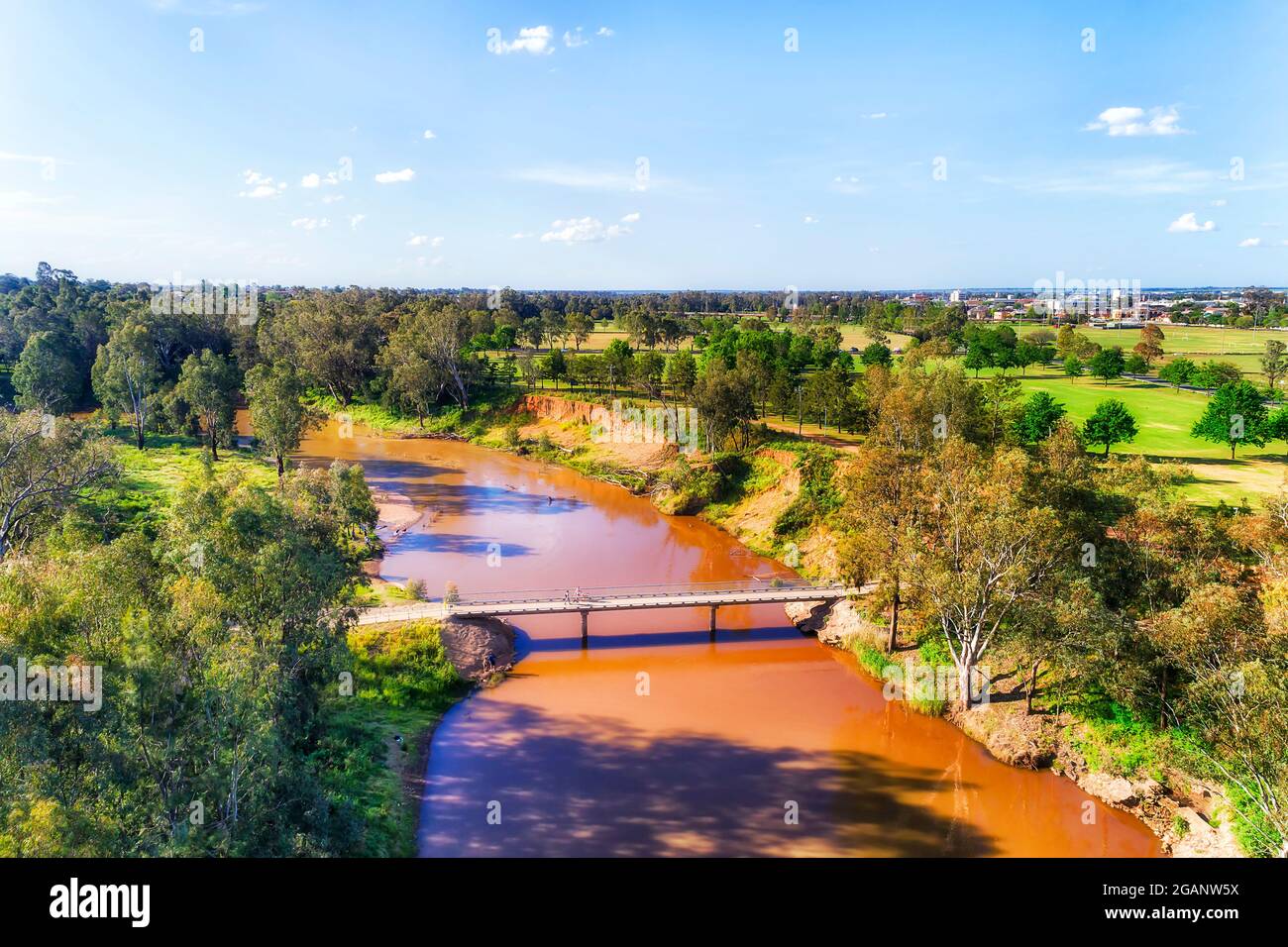 Pedestrian bridge across Macquarie river in Dubbo town of rural Great ...