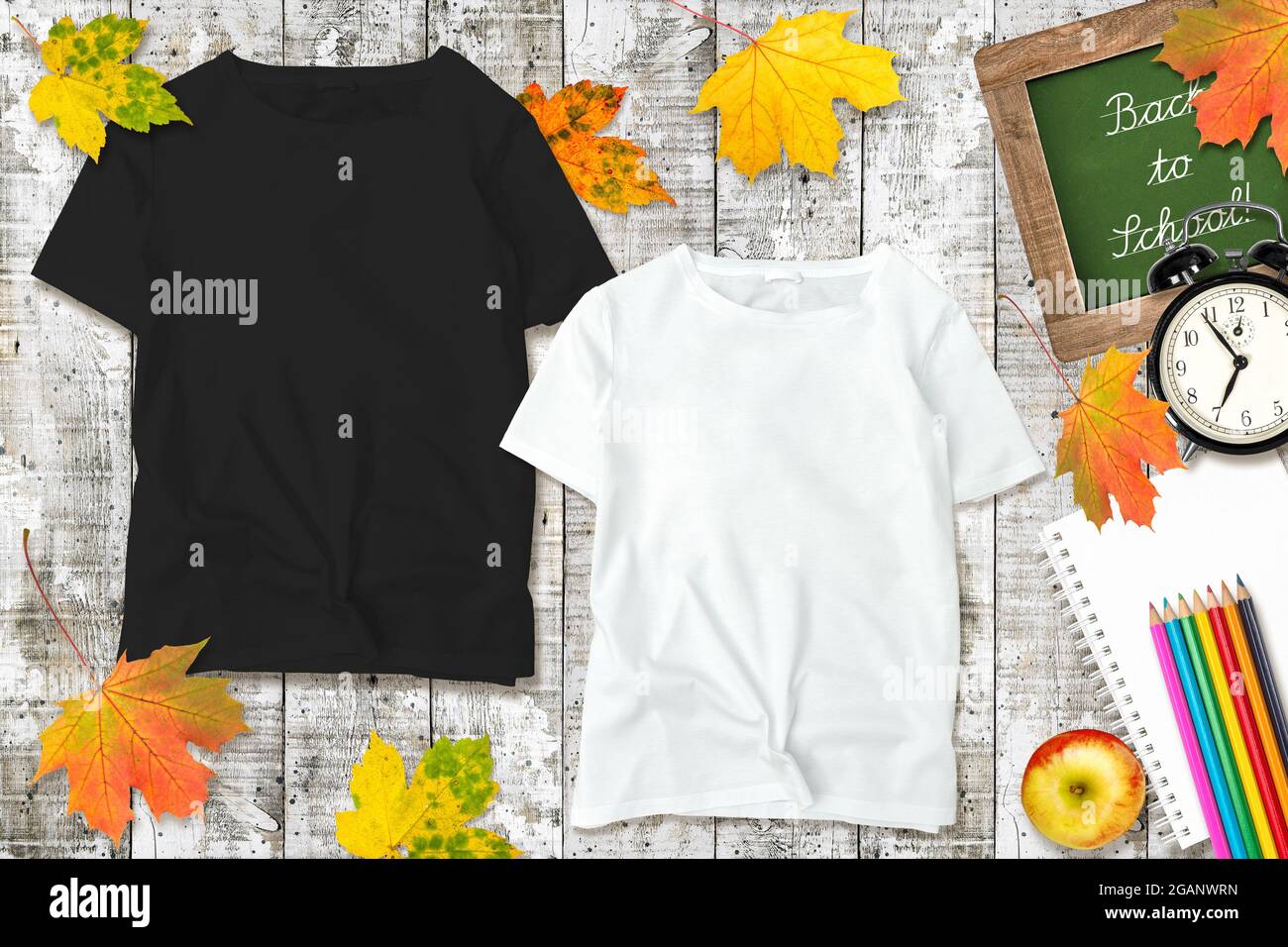T-shirt mock up template. Back to school. Fashion flat lay for website, social media Stock Photo