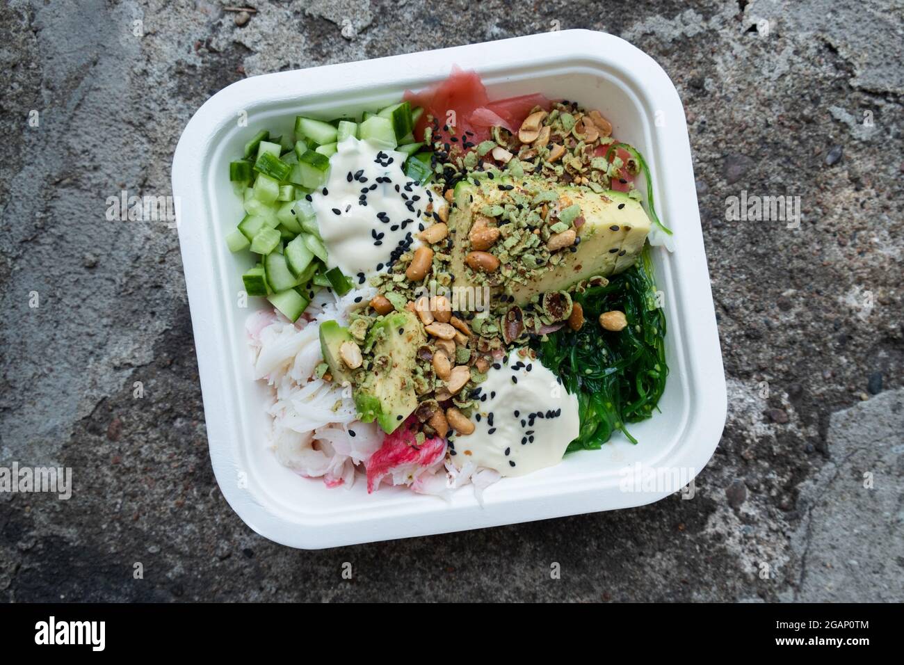 Healthy fresh delivery food. Stone background. Stock Photo