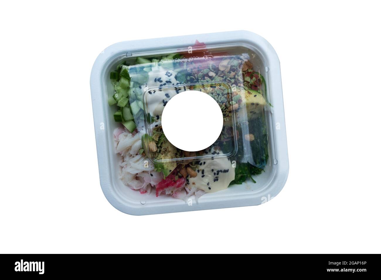 Healthy fresh delivery food. Isolated white background. Empty white circle for your logo. Stock Photo