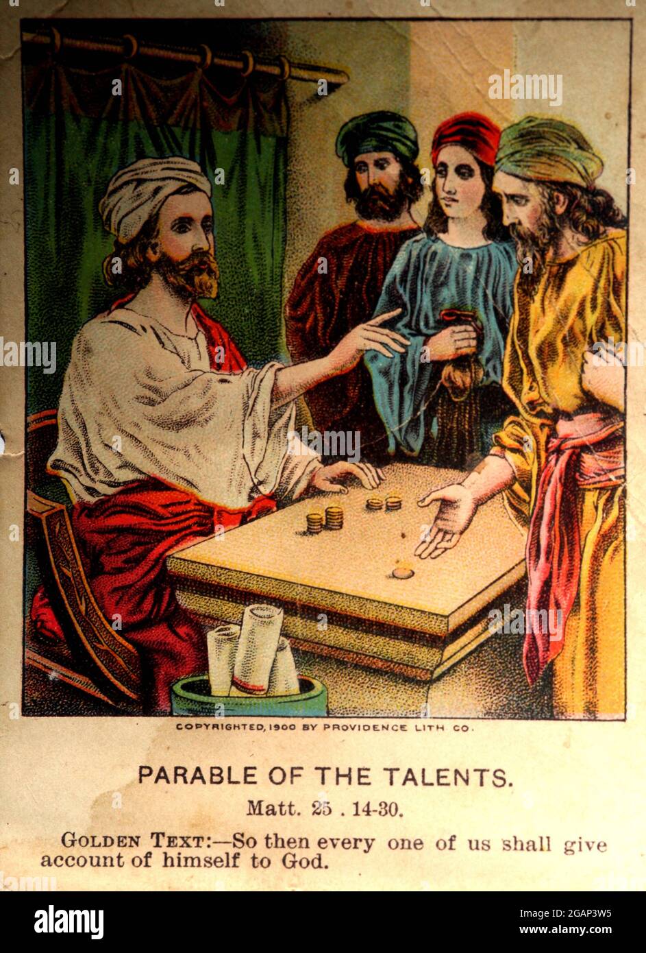 Old Sunday School Card Parable Of The Talents In Matthew 25 14 30 Tells Of A Master Who Was Leaving His House To Travel And Before Leaving Entrusted His Property To His Servants Stock