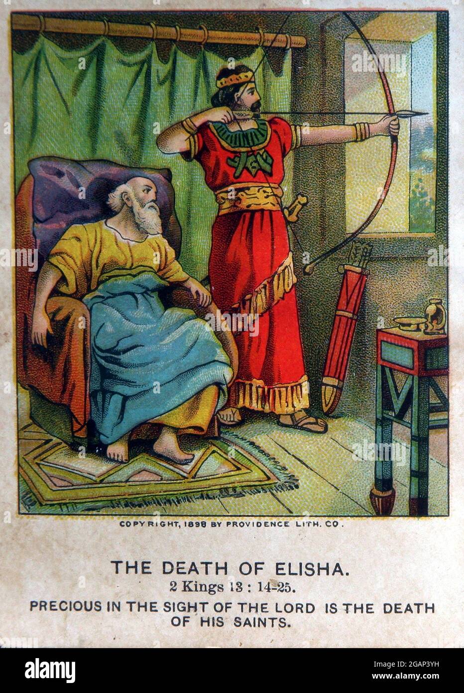 Death of the Prophet Elisha: old Sunday school card: 2 Kings 18:14-25 Stock Photo