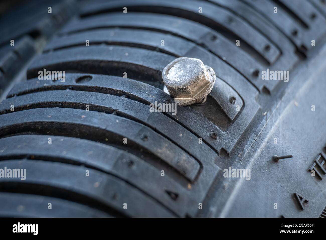 A screw has punctured a car tire at the edge of the tread near the sidewall, rendering the tire irrepairable. Stock Photo