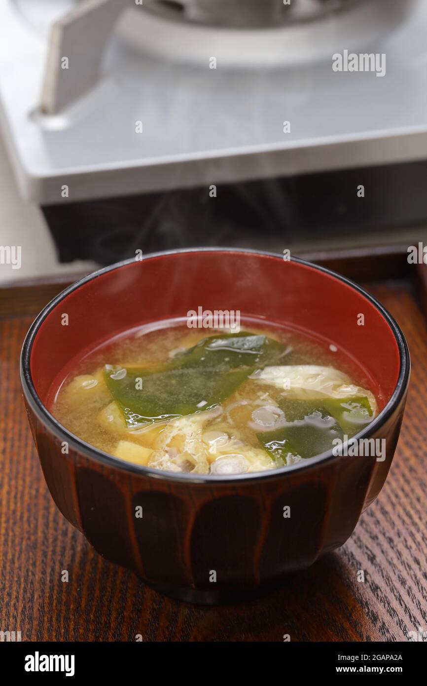How to make Japanese miso soup.  Completion Stock Photo