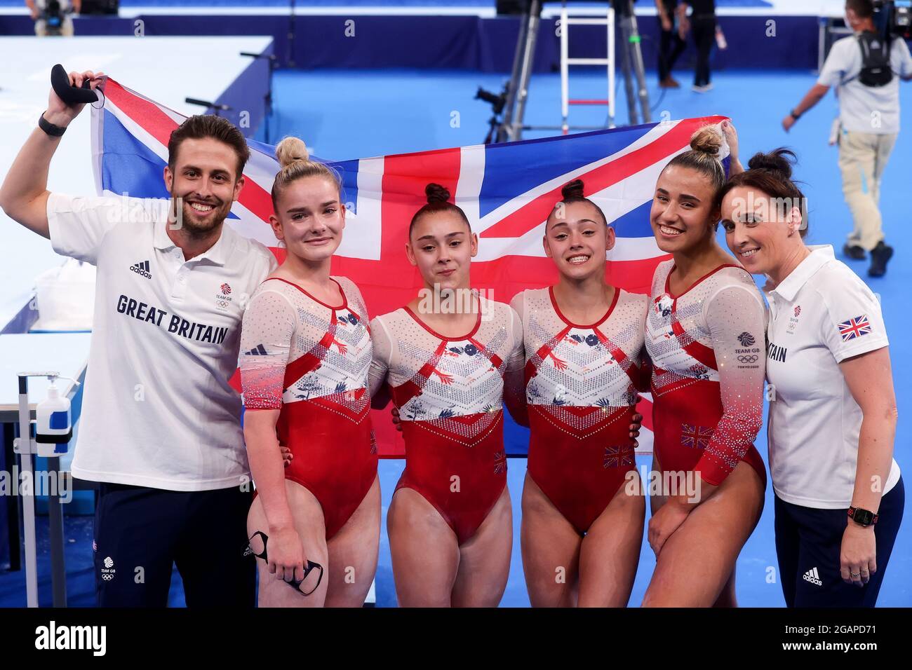 Tokyo, Japan, 27 July, 2021. Team Great Britain celebrate winning a bronze medal during the