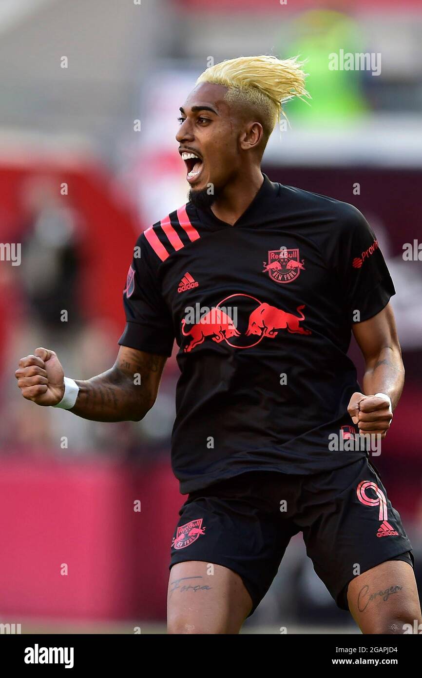 Harrison, New Jersey, USA. 31st July, 2021. New York Red Bulls forward FÃ  BIOÂ (9) in action at Red Bull Arena in Harrison New Jersey New England  comes from behind to defeat